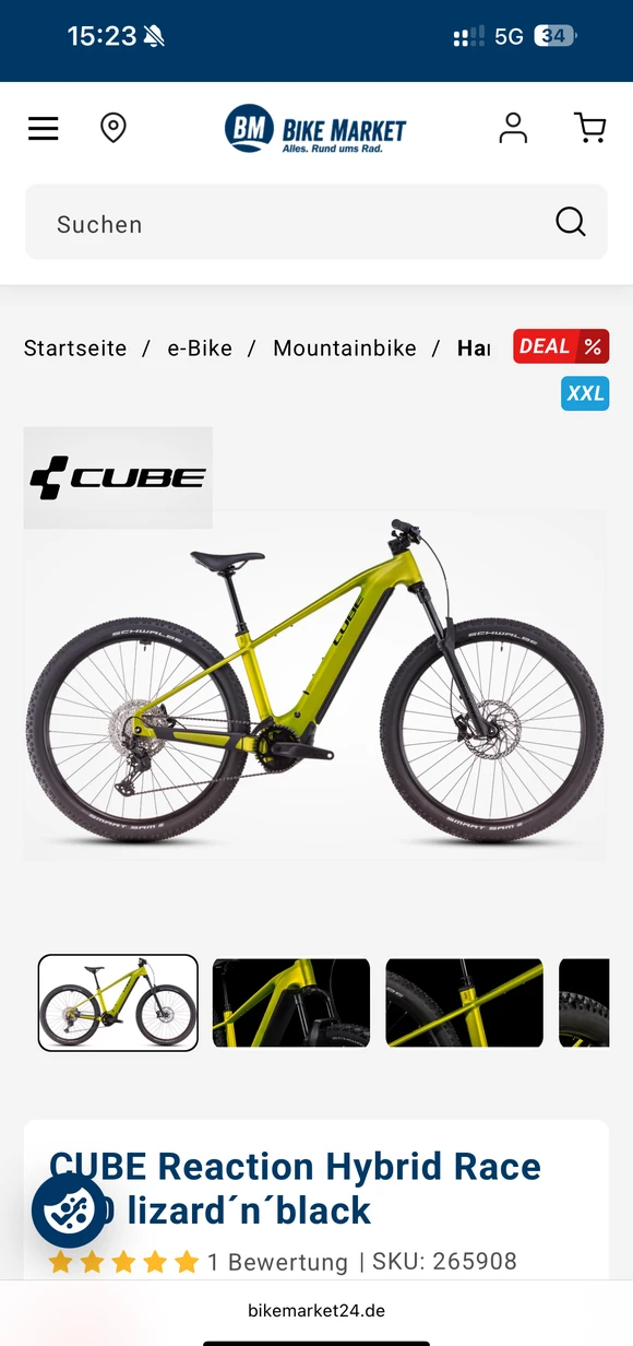 Mobilny interfejs e-commerce BIKE MARKET prezentujący elektryczny rower górski „CUBE Reaction Hybrid Race” w kolorze „lizard´n´black”, wraz ze zdjęciami produktu, oznaczeniem oferty specjalnej i ocenami klientów
