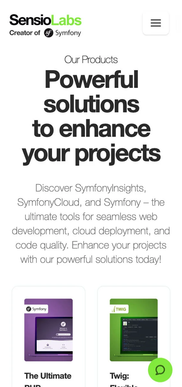 Mobilny interfejs SensioLabs prezentujący warsztaty architektoniczne i usługi dla projektów Symfony