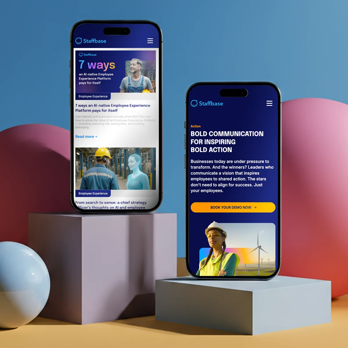 Podgląd strony e-commerce Staffbase na dwóch urządzeniach mobilnych prezentujący funkcje natywnej platformy Employee Experience opartej na AI oraz zasoby do odważnej komunikacji