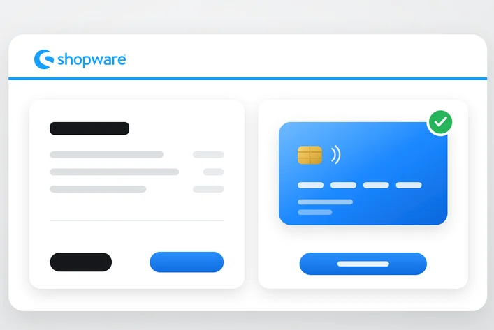 Shopware payment interface showing transaction details on the left and a blue credit card with a checkmark on the right.