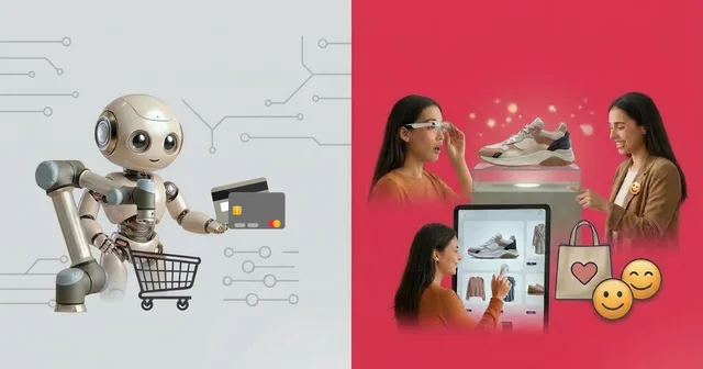 A robot with a credit card and shopping cart on the left; a woman using AR to shop for shoes on the right, against a red background.