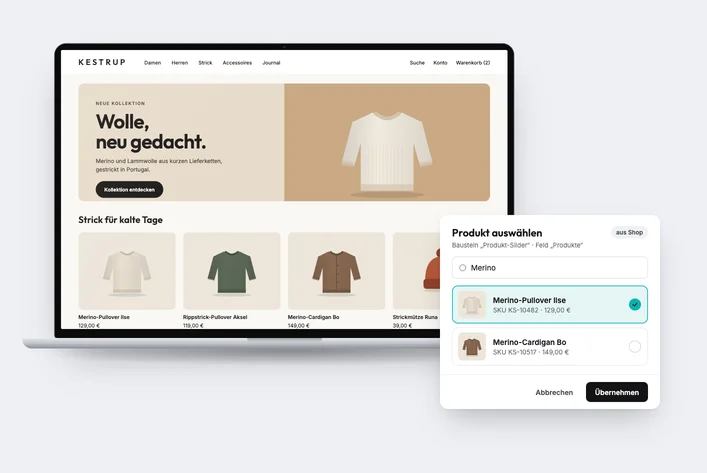 Sklep internetowy z kampanią redakcyjną i kafelkami produktów, obok wybór produktów z systemu sklepowego w CMS