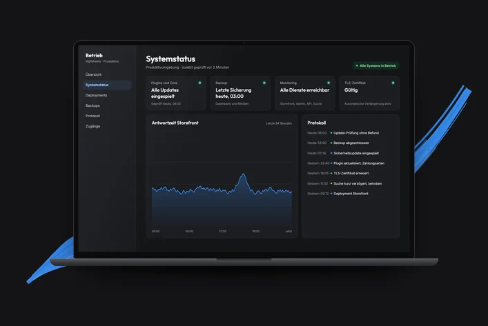 Ciemny laptop ze statusem systemu sklepu internetowego: aktualizacje, kopia zapasowa, monitoring, certyfikat TLS i wykres czasu odpowiedzi