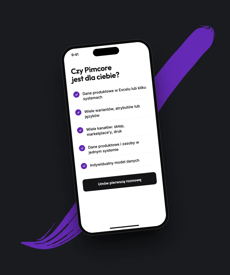 Smartfon z listą kontrolną „Czy Pimcore jest dla ciebie?” i pięcioma spełnionymi kryteriami na tle fioletowego pociągnięcia pędzla