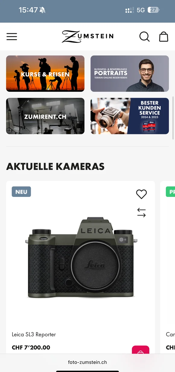 Mobilny interfejs e-commerce Zumstein prezentujący aparat „Leica SL3 Reporter” wraz z kafelkami promocyjnymi dotyczącymi kursów fotograficznych, usług wynajmu i terminów sesji portretowych