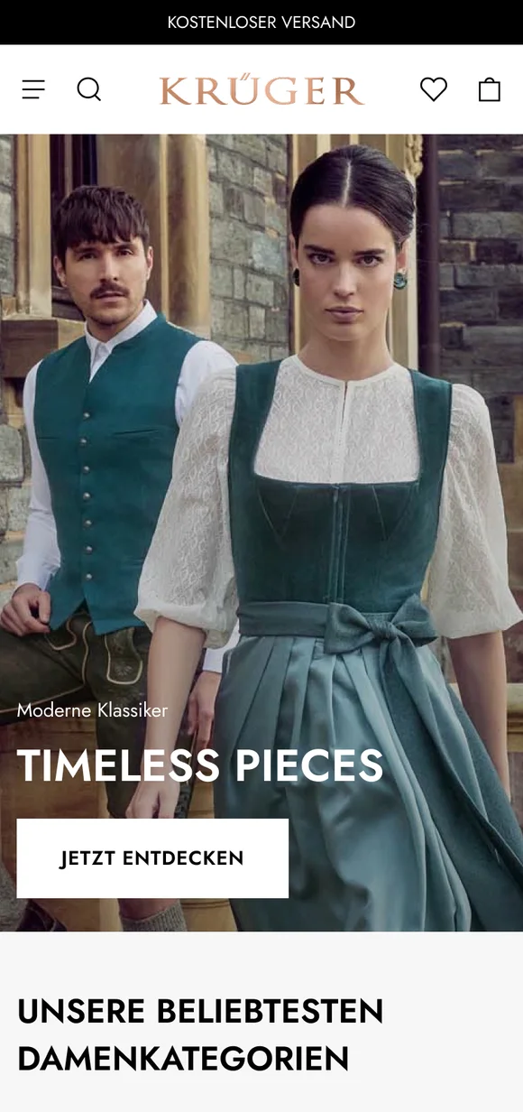 Mobilny interfejs e-commerce Krüger prezentujący kolekcję „Timeless Pieces” z tradycyjną modą alpejską dla kobiet i mężczyzn