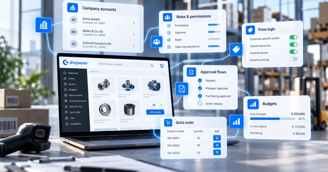A computer screen shows a software dashboard with sections for company accounts, roles, budgets, price logic, approval flows, and quick orders.