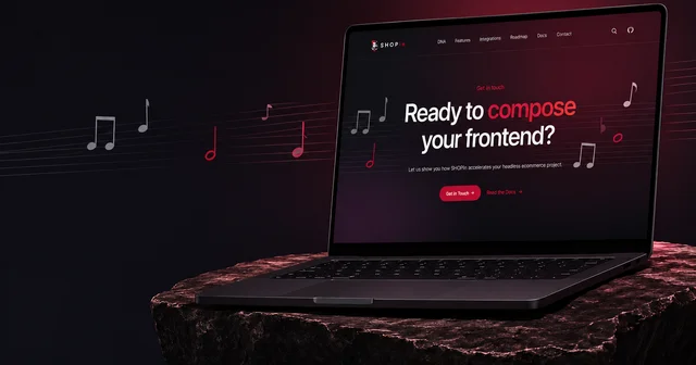 Laptop on a textured surface displaying a website with "Ready to compose your frontend?" slogan and musical notes in the background.
