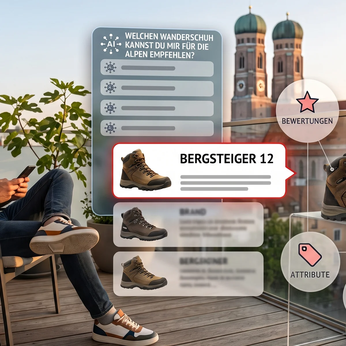 Man on a balcony using a smartphone with displayed information about hiking boots, including reviews and availability, against a cityscape backdrop.