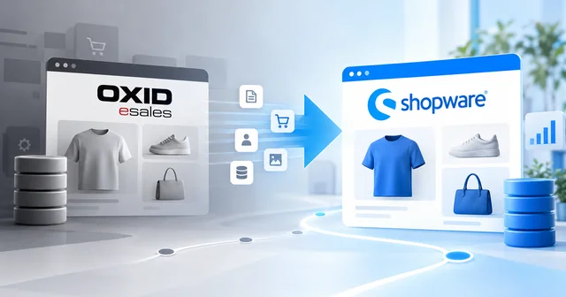 Image depicting data transfer from OXID eSales to Shopware, featuring product images like shirts and shoes, with a digital arrow indicating movement.
