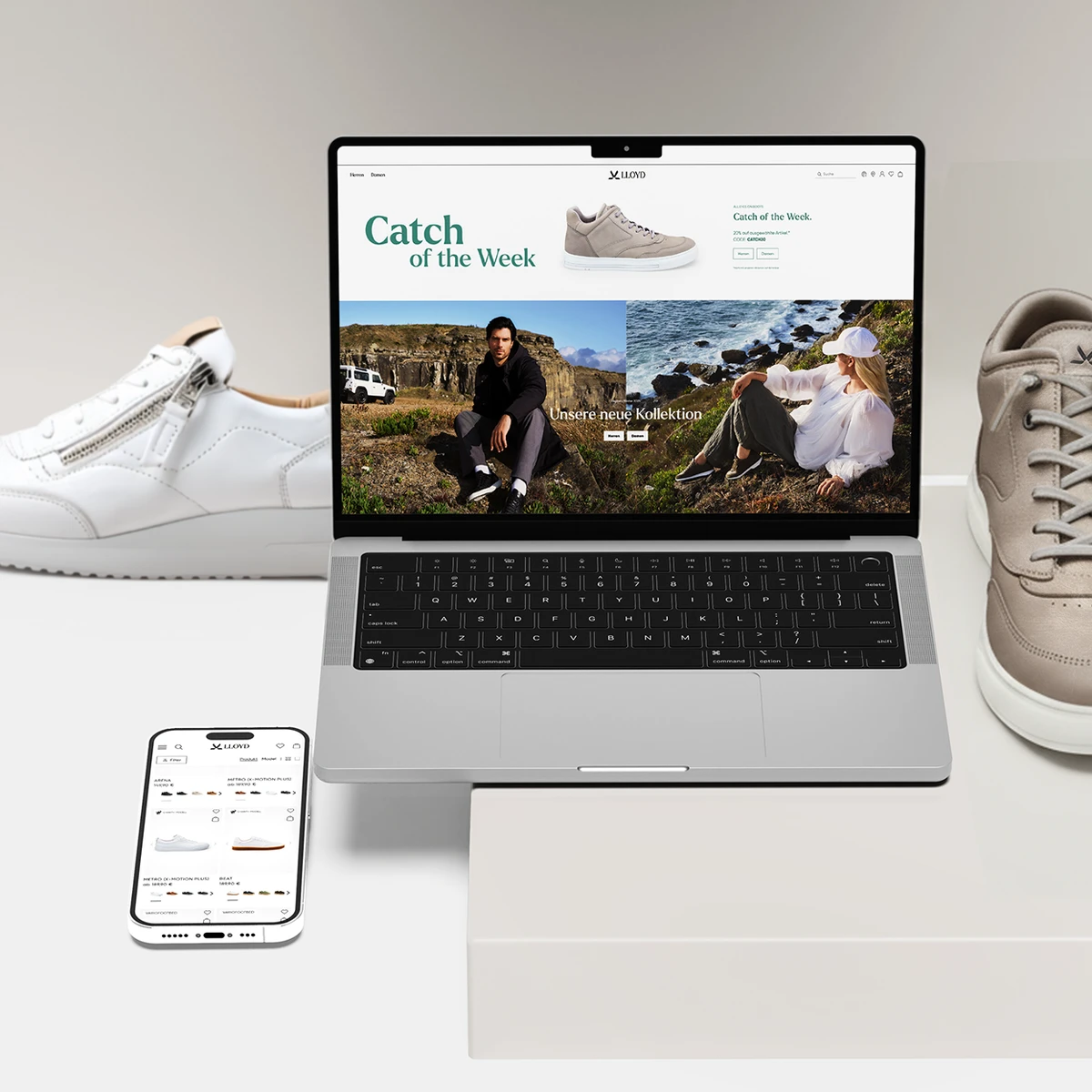 Podgląd strony e-commerce Lloyd na laptopie i smartfonie prezentujący „Catch of the Week” oraz nową kolekcję obuwia w aranżacji lifestyle’owej