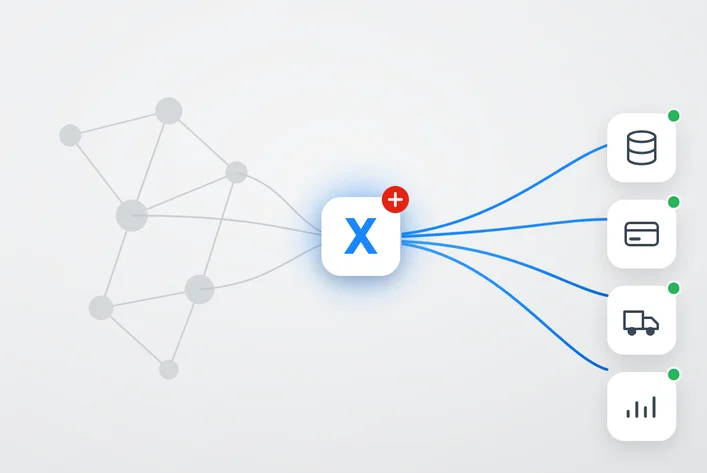 Flowchart with a central "X" linking to icons representing a database, credit card, delivery truck, and analytics, symbolizing data integration.