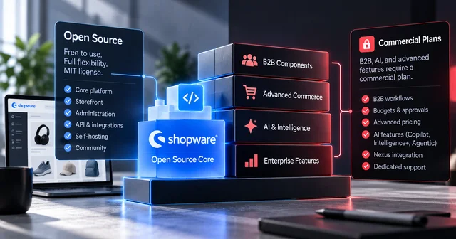 A digital display showing Shopware's open source and commercial options, highlighting features like B2B components, AI, and advanced commerce.