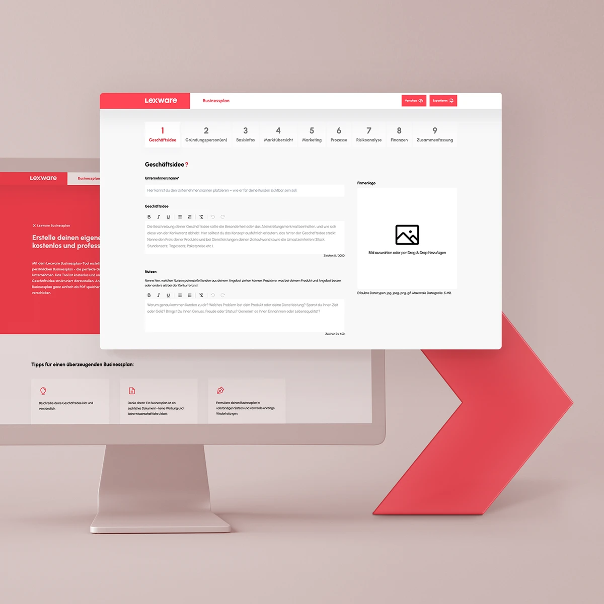 Podgląd strony e-commerce Lexware na monitorze stacjonarnym prezentujący narzędzie do tworzenia biznesplanów z interfejsem krok po kroku dla pomysłów biznesowych i informacji o firmie
