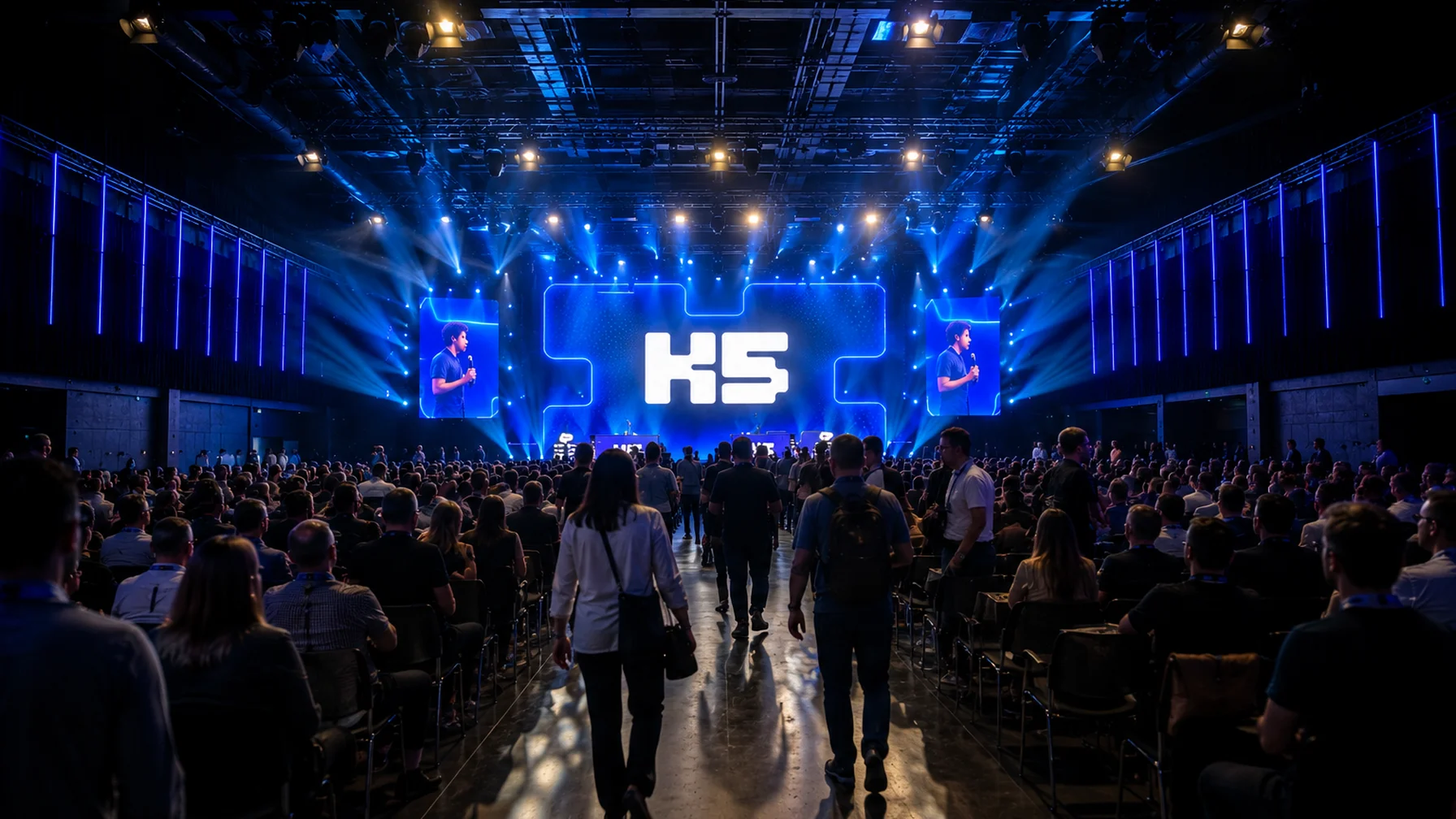 A large crowd attends a tech conference in a dimly lit auditorium, facing a stage with bright blue lighting and "K5" displayed prominently.
