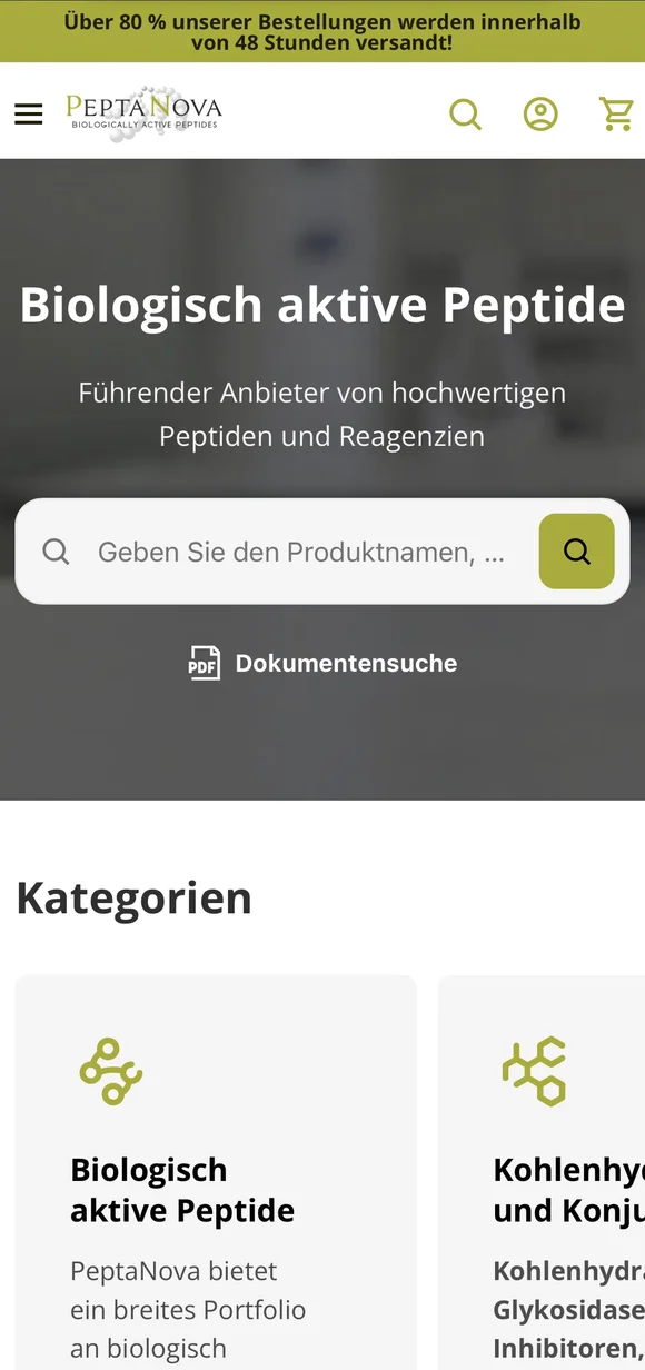Mobilny sklep B2B PeptaNova na Shopify z wyszukiwarką i kategorią „Biologicznie aktywne peptydy”