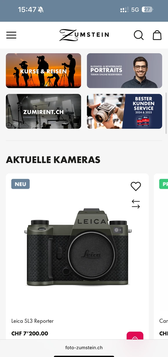 Mobilny interfejs e-commerce Zumstein prezentujący aparat „Leica SL3 Reporter” wraz z kafelkami promocyjnymi dotyczącymi kursów fotograficznych, usług wynajmu i terminów sesji portretowych