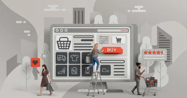 People interact with oversized online shopping elements, including a screen with "Buy" button, shopping cart icons, and product categories.