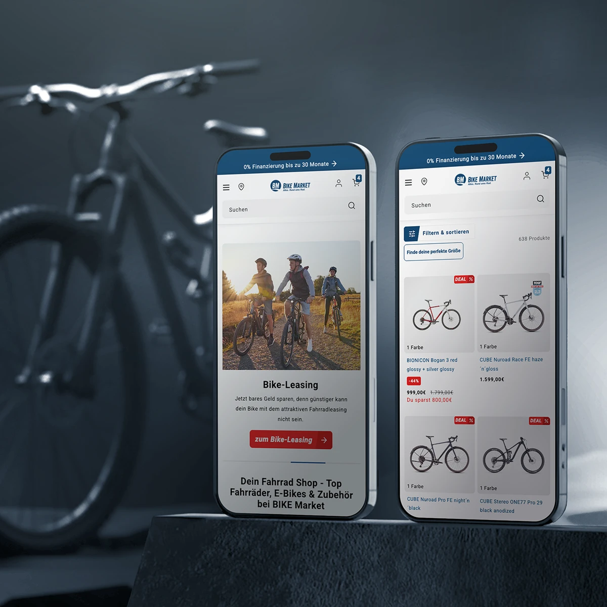 Podgląd interfejsu e-commerce BIKE MARKET na dwóch smartfonach prezentujący opcje leasingu rowerów oraz listę produktów z rowerami szutrowymi i górskimi obok roweru w scenerii studyjnej