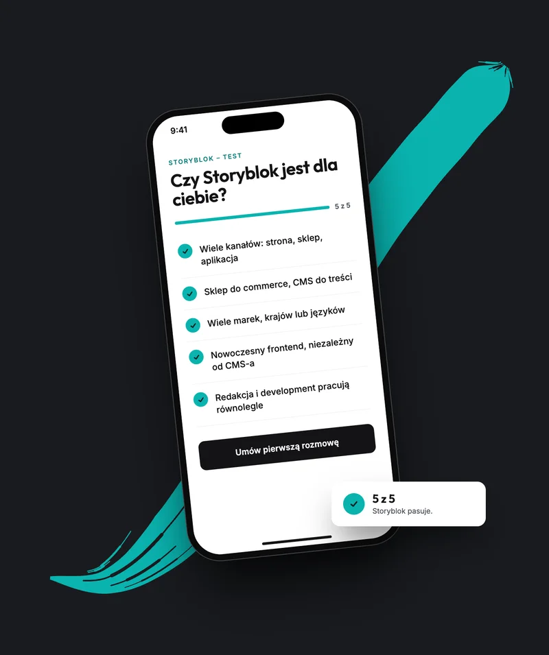 Smartfon z listą kontrolną „Czy Storyblok jest dla ciebie?" i pięcioma spełnionymi kryteriami na tle turkusowego pociągnięcia pędzla Variante B: Storyblok-Partner-Logo von creativestyle auf dunklem Hintergrund mit türkisem Pinselstrich