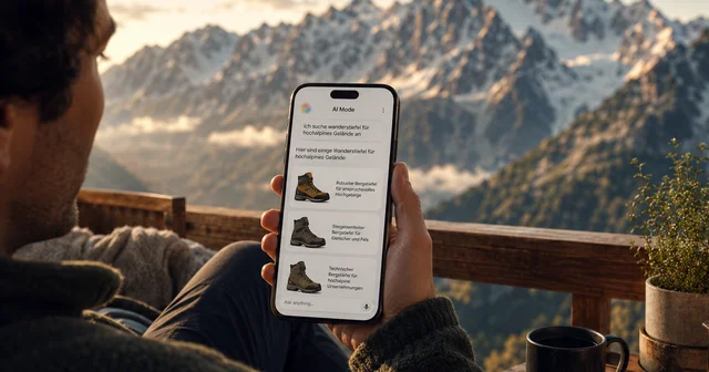 Person holding a smartphone displaying hiking boot options against a backdrop of snow-capped mountains, with a mug and plant on a wooden table.