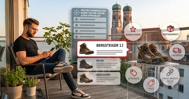 Man on a balcony using a smartphone with displayed information about hiking boots, including reviews and availability, against a cityscape backdrop.
