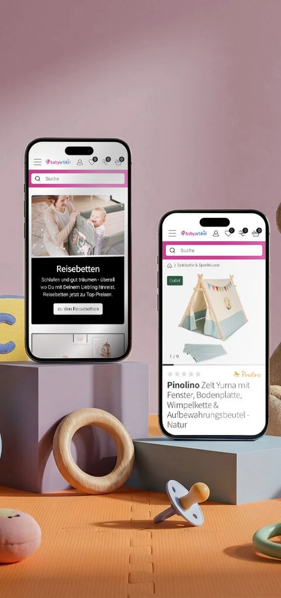 Podgląd strony e-commerce Babyartikel.de na dwóch urządzeniach mobilnych prezentujący łóżeczka turystyczne oraz namiot do zabawy Pinolino Yuma pośród zabawek i akcesoriów dla niemowląt