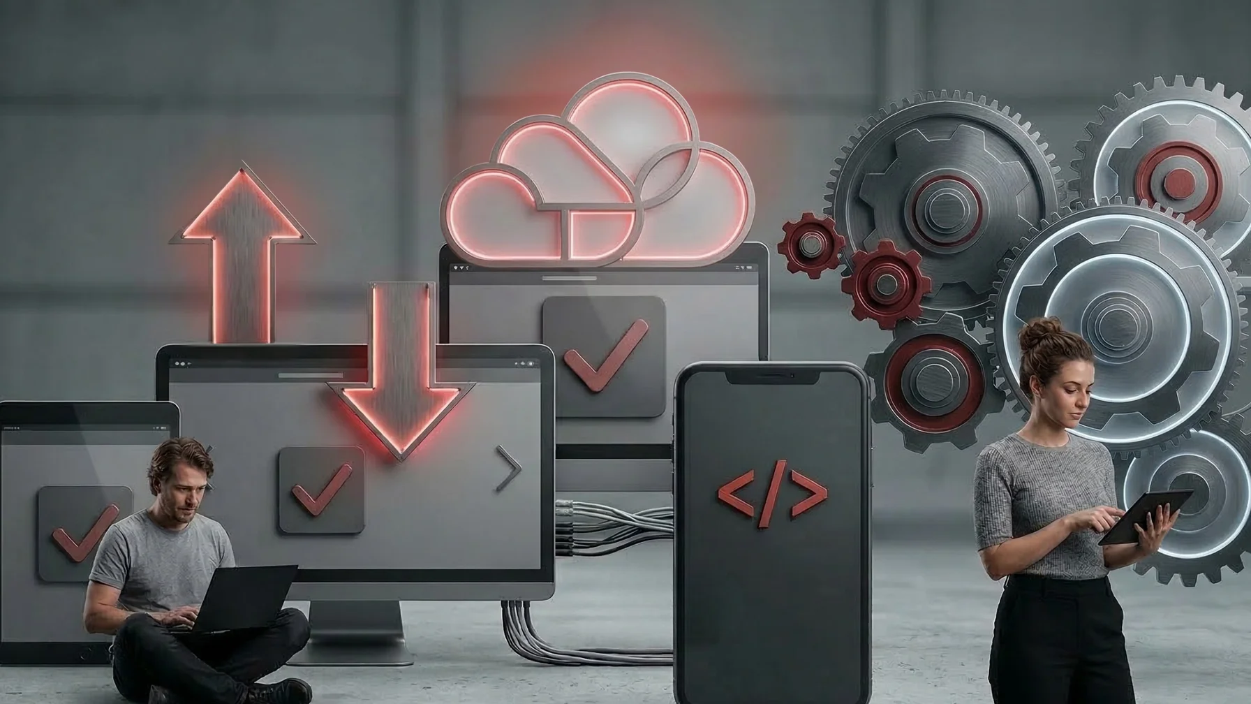 People using devices surrounded by cloud computing icons, gears, and arrows, symbolizing data synchronization and technology.