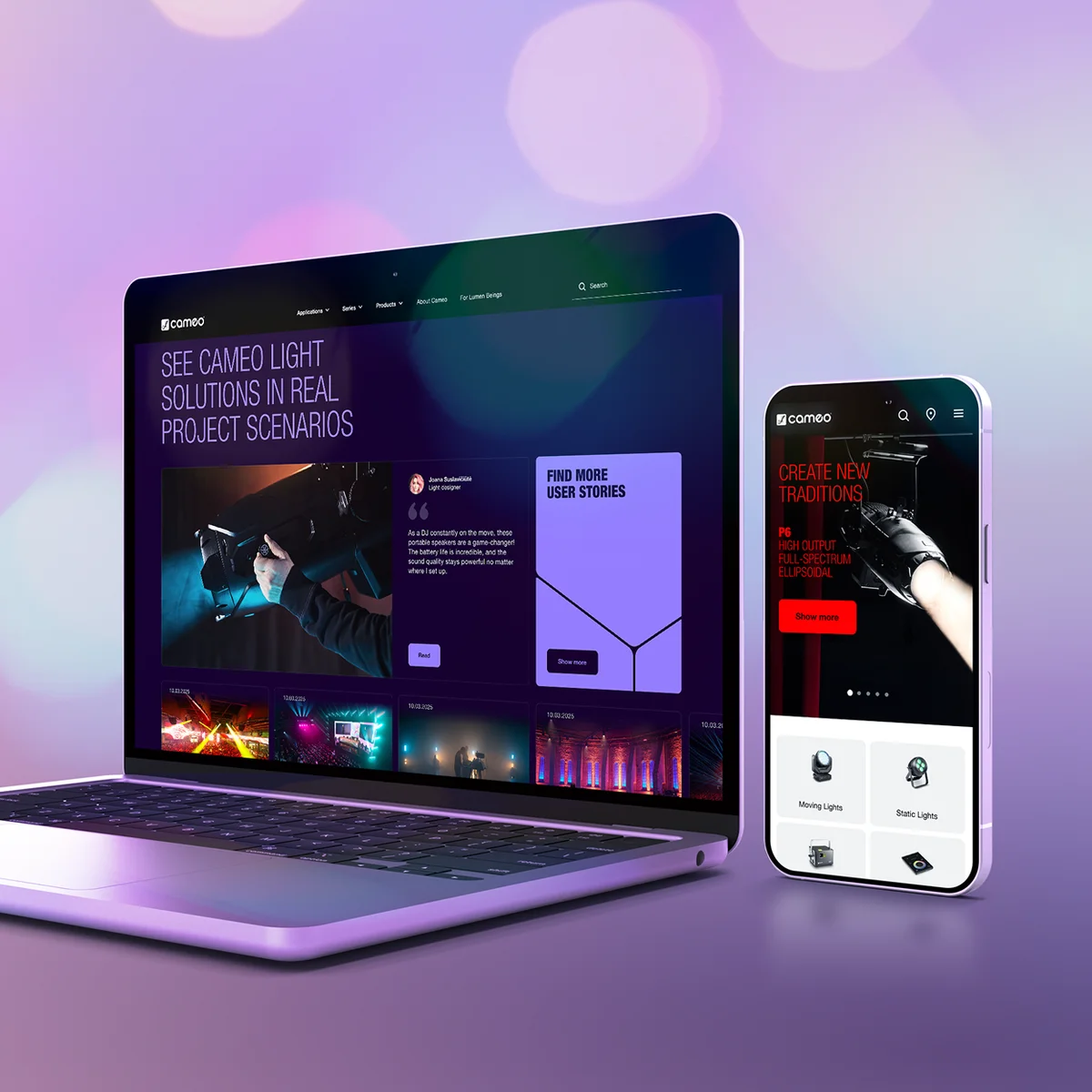 Podgląd strony e-commerce Cameo Light na laptopie i smartfonie prezentujący profesjonalne rozwiązania oświetleniowe i historie użytkowników