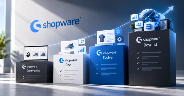 Three pedestal displays with screens and icons, labeled Shopware Community, Rise, Evolve, and Beyond, under the Shopware logo in a bright room.