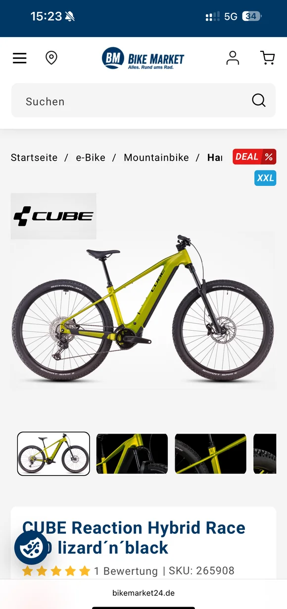 Mobilny interfejs e-commerce BIKE MARKET prezentujący elektryczny rower górski „CUBE Reaction Hybrid Race” w kolorze „lizard´n´black”, wraz ze zdjęciami produktu, oznaczeniem oferty specjalnej i ocenami klientów