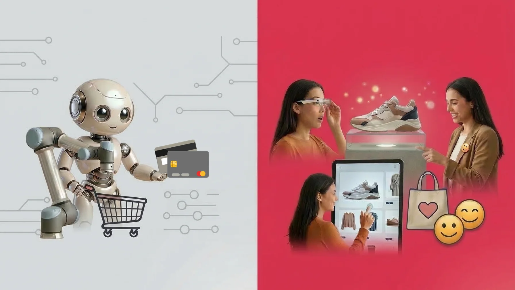 A robot with a credit card and shopping cart on the left; a woman using AR to shop for shoes on the right, against a red background.