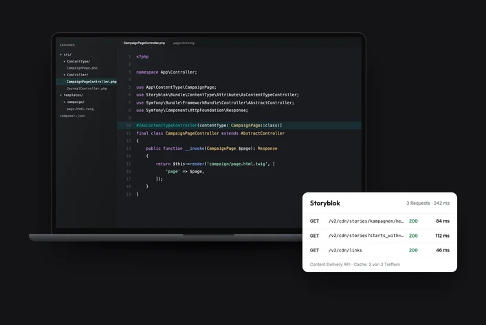 Edytor kodu z kontrolerem Symfony i panel profilera z zapytaniami do API Storybloka