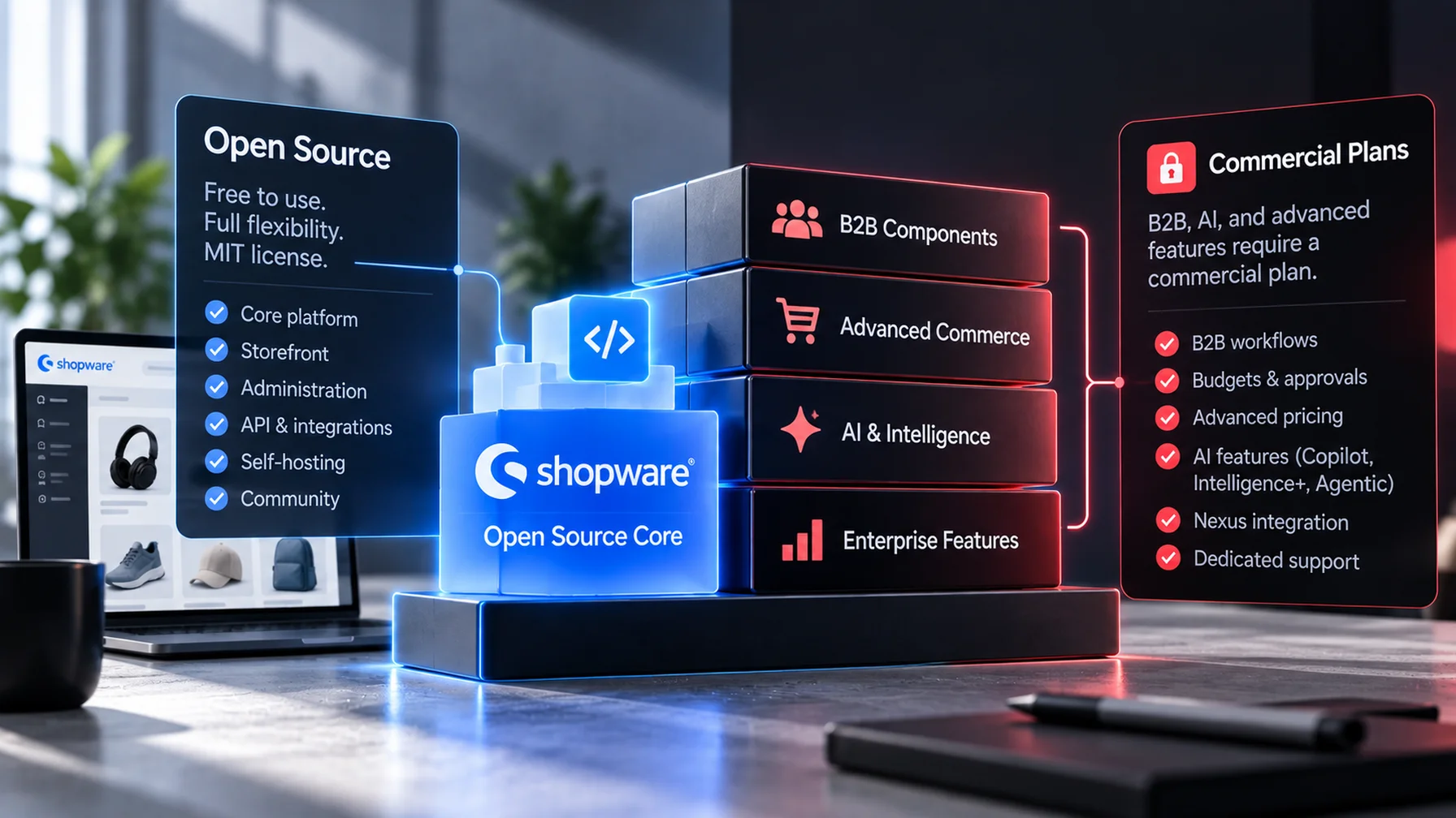 A digital display showing Shopware's open source and commercial options, highlighting features like B2B components, AI, and advanced commerce.