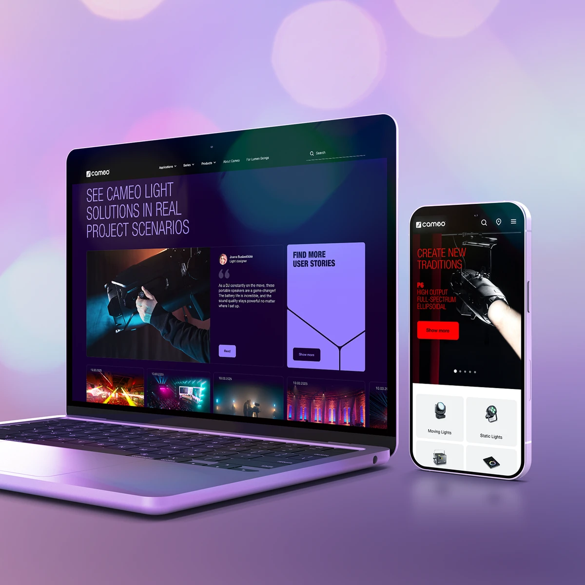 Podgląd strony e-commerce Cameo Light na laptopie i smartfonie prezentujący profesjonalne rozwiązania oświetleniowe i historie użytkowników