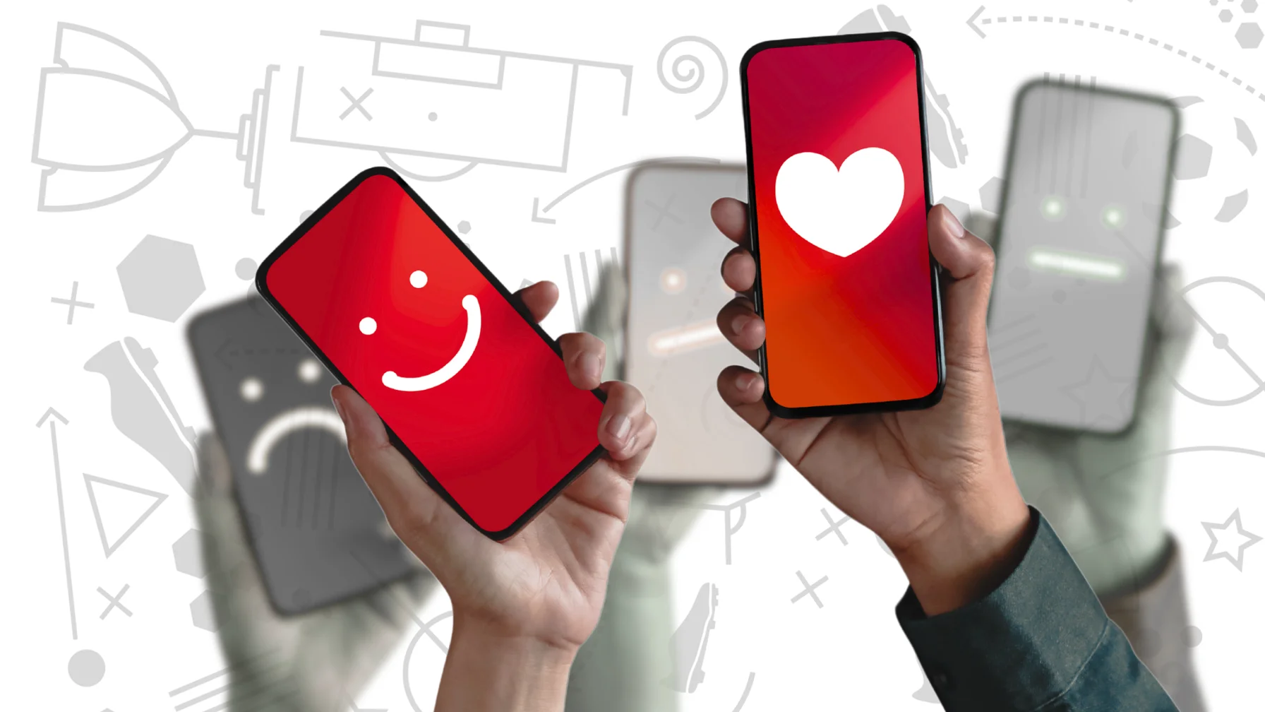 Hands holding smartphones displaying a smiling face and a heart, with blurred faces in the background showing neutral and sad expressions.