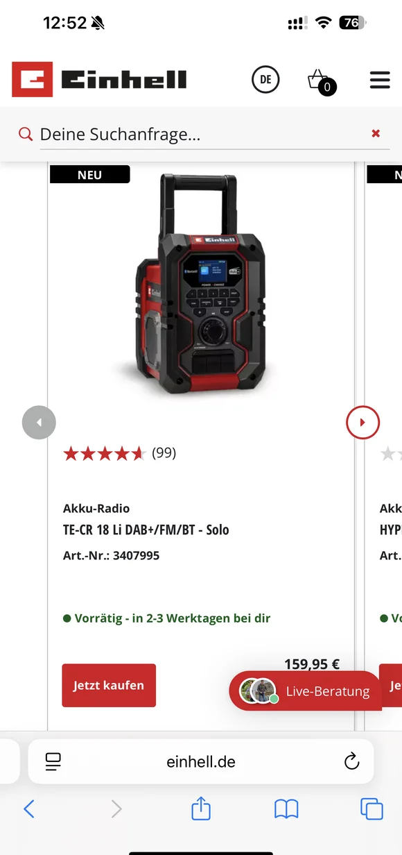 Mobilny interfejs e-commerce Einhell przedstawiający stronę produktu radio akumulatorowe TE-CR 18 Li