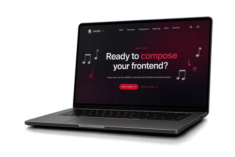Laptop displaying a website with the text "Ready to compose your frontend?" and musical notes on a dark gradient background.
